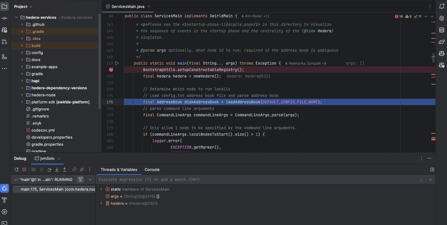 Hedera node stopped at a breakpoint in IntelliJ