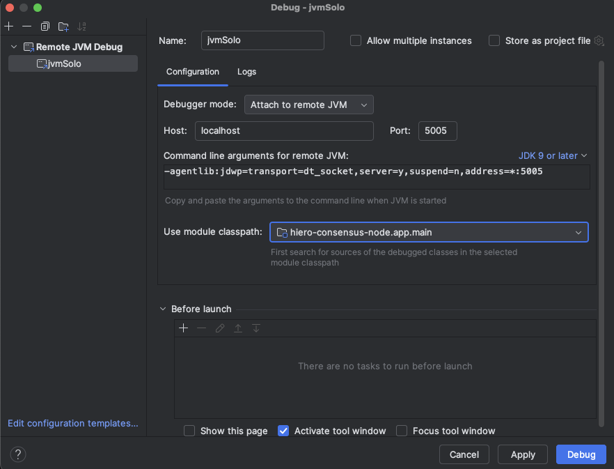 IntelliJ Remote JVM Debug configuration for hedera-app