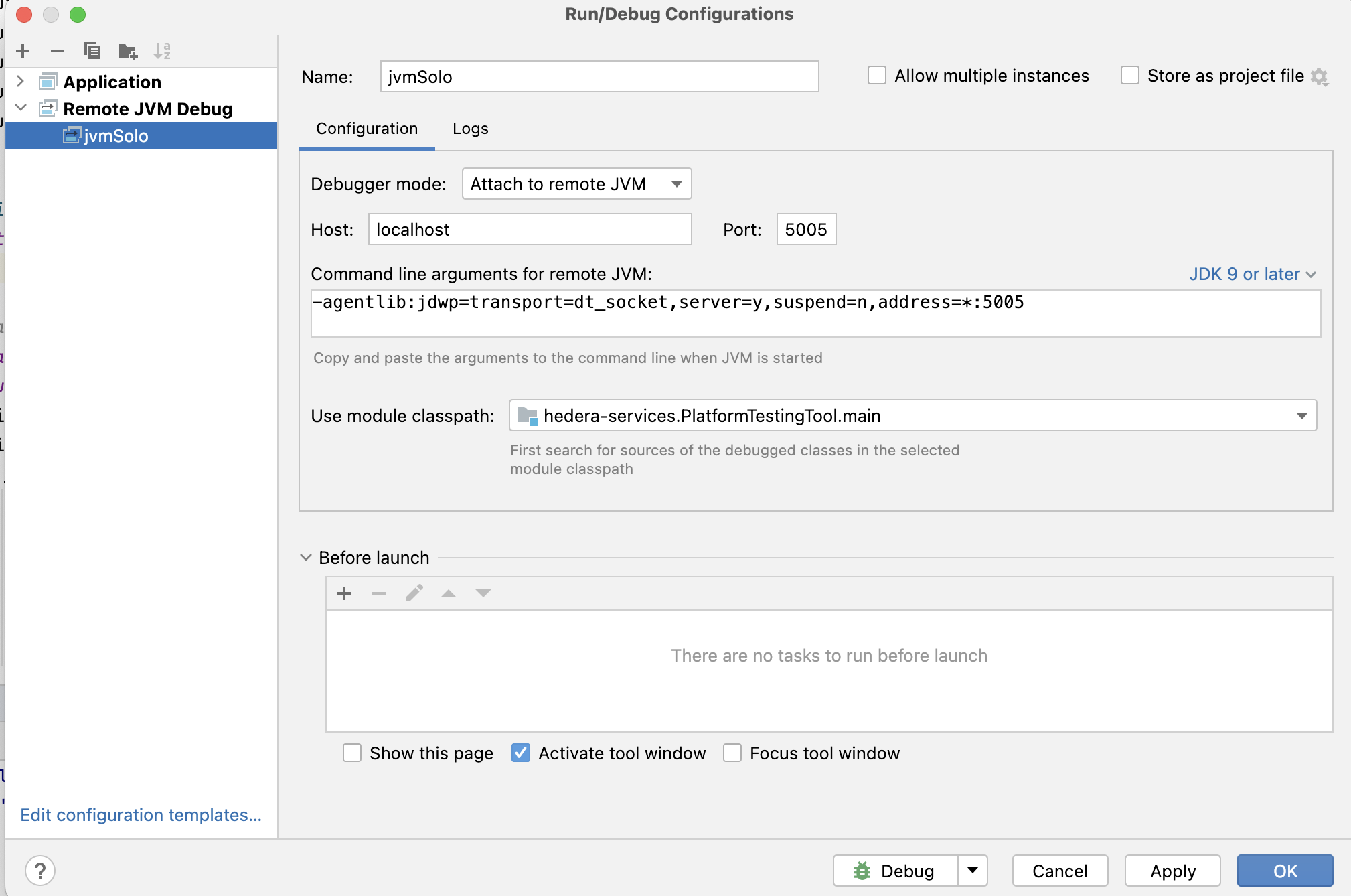 IntelliJ Remote JVM Debug configuration for platform-app