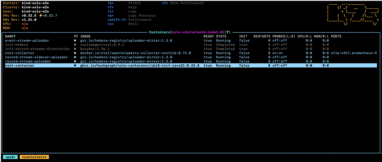 k9s container list with root-container highlighted