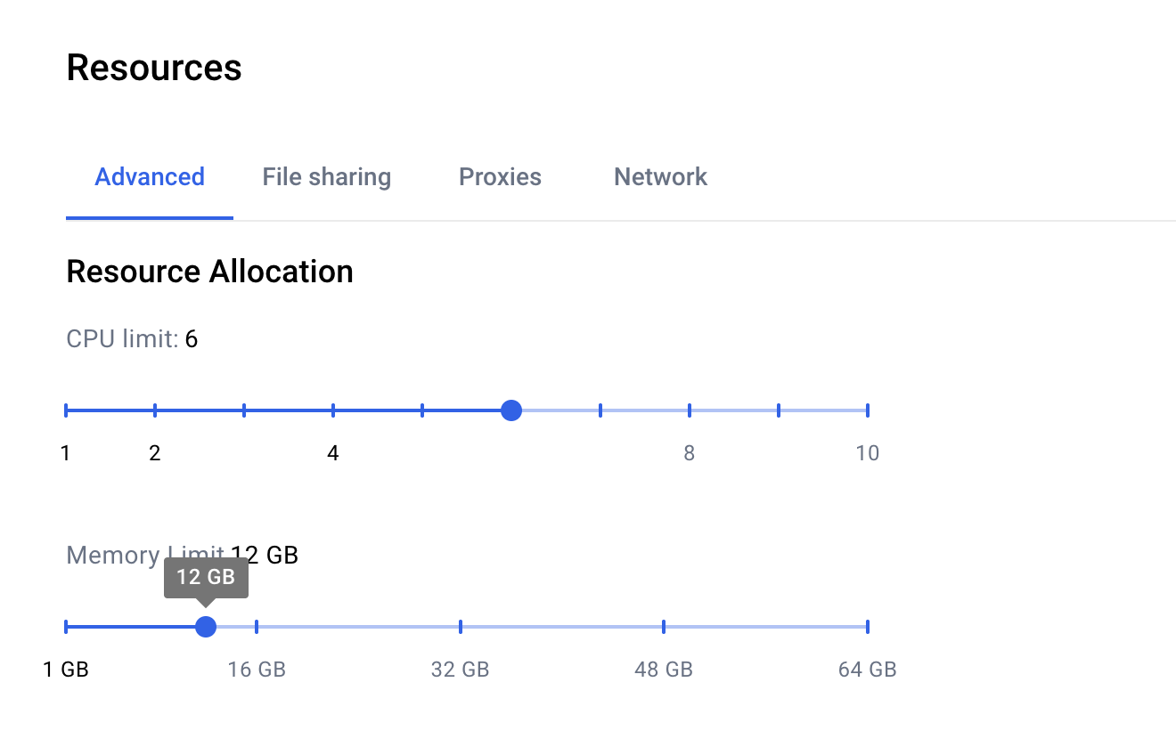 Docker Desktop resource allocation settings